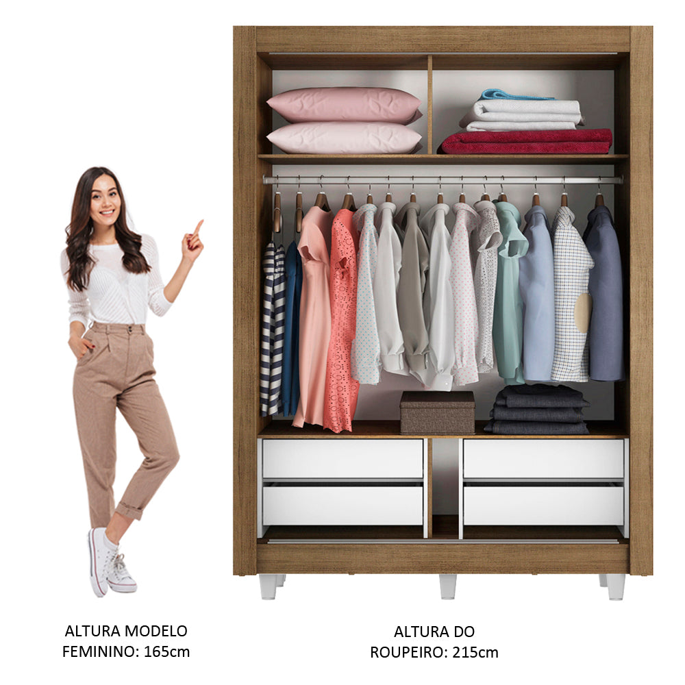 Guarda-Roupa Solteiro Madesa Dallas Plus 2 Portas de Correr com Espelho 4 Gavetas com Pés Rustic