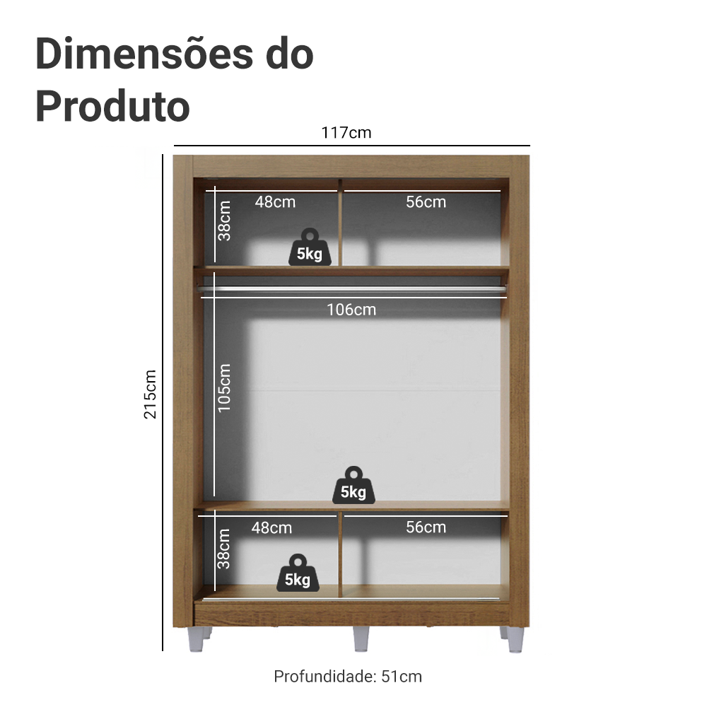 Guarda-Roupa Solteiro Madesa Denver 2 Portas de Correr com Espelho com Pés Rustic