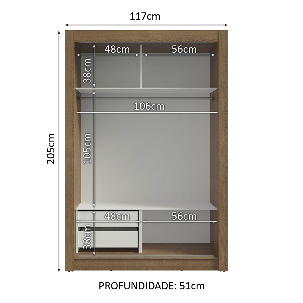 Guarda-Roupa Solteiro Madesa Dallas 2 Portas de Correr com Espelho 2 Gavetas Rustic/Branco