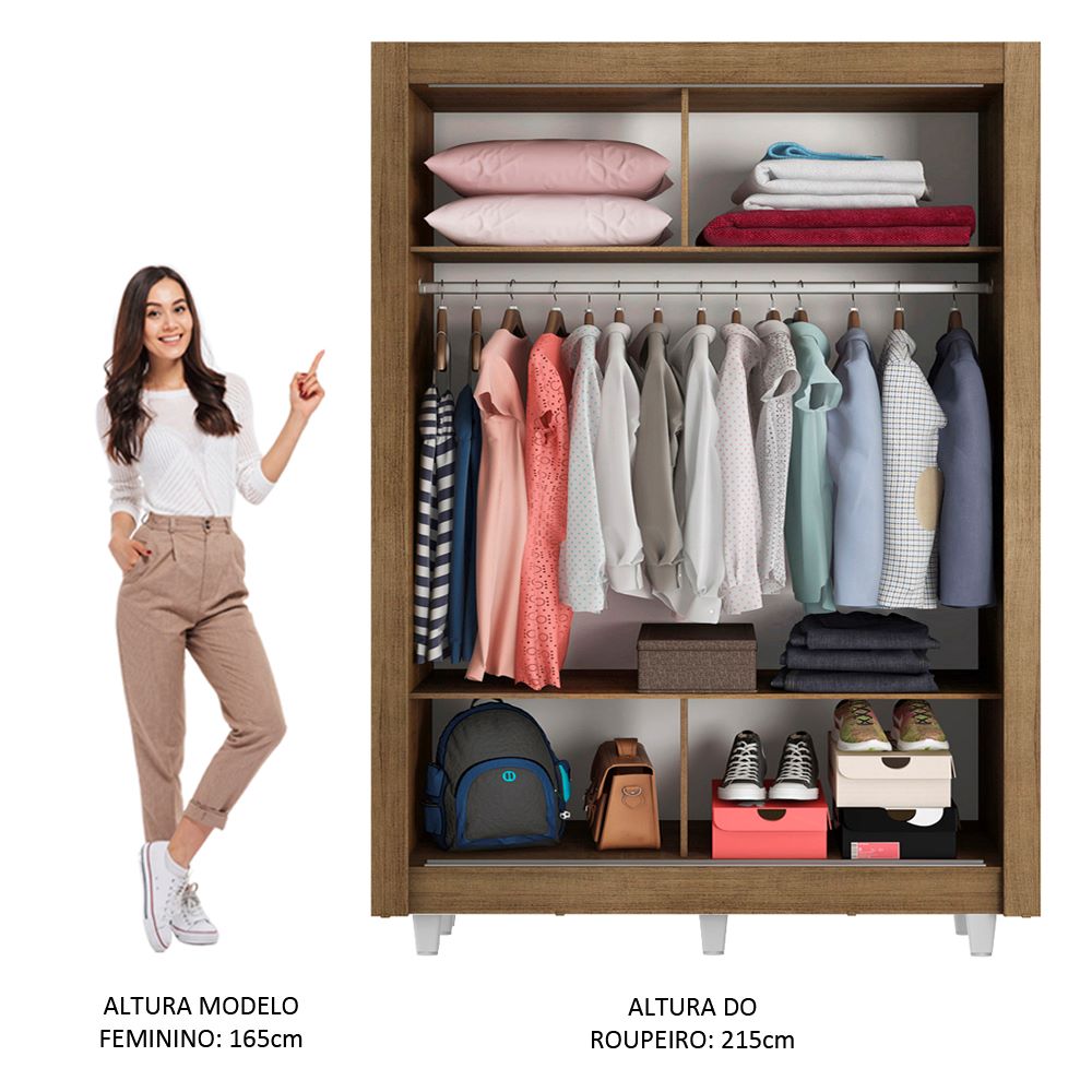 Guarda-Roupa Solteiro Madesa Denver 2 Portas de Correr com Espelho com Pés Rustic/Branco