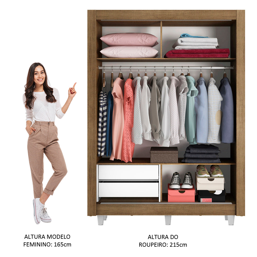 Guarda-Roupa Solteiro Madesa Dallas 2 Portas de Correr 2 Gavetas com Pés Rustic/Branco