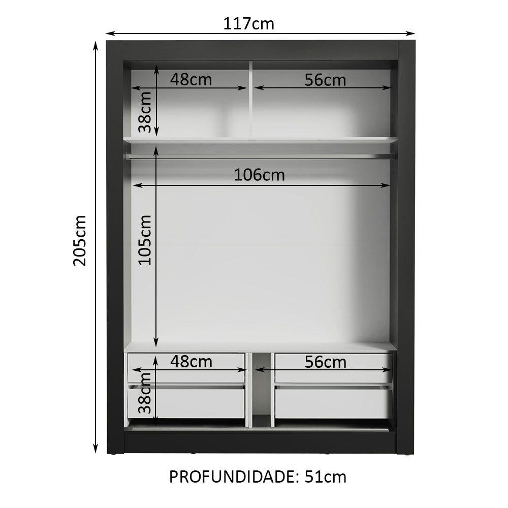 Guarda-Roupa Solteiro Madesa Dallas Plus 2 Portas de Correr com Espelho 4 Gavetas Preto/Branco