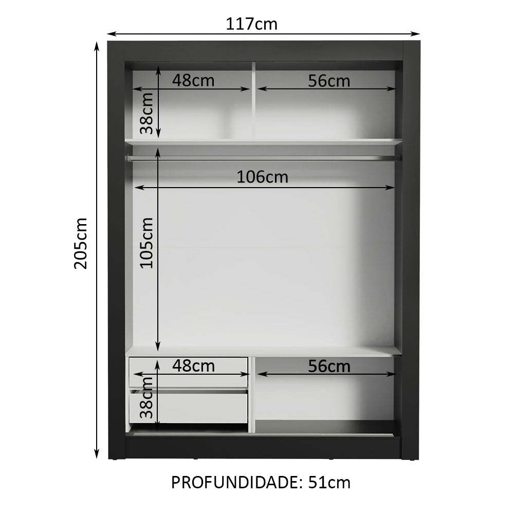 Guarda-Roupa Solteiro Madesa Dallas 2 Portas de Correr 2 Gavetas Preto/Branco