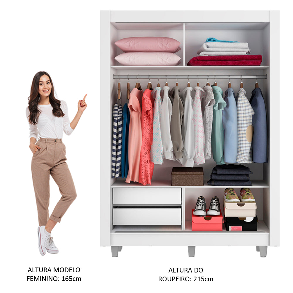 Guarda-Roupa Solteiro Madesa Dallas 2 Portas de Correr com Espelho 2 Gavetas com Pés Branco/Rustic