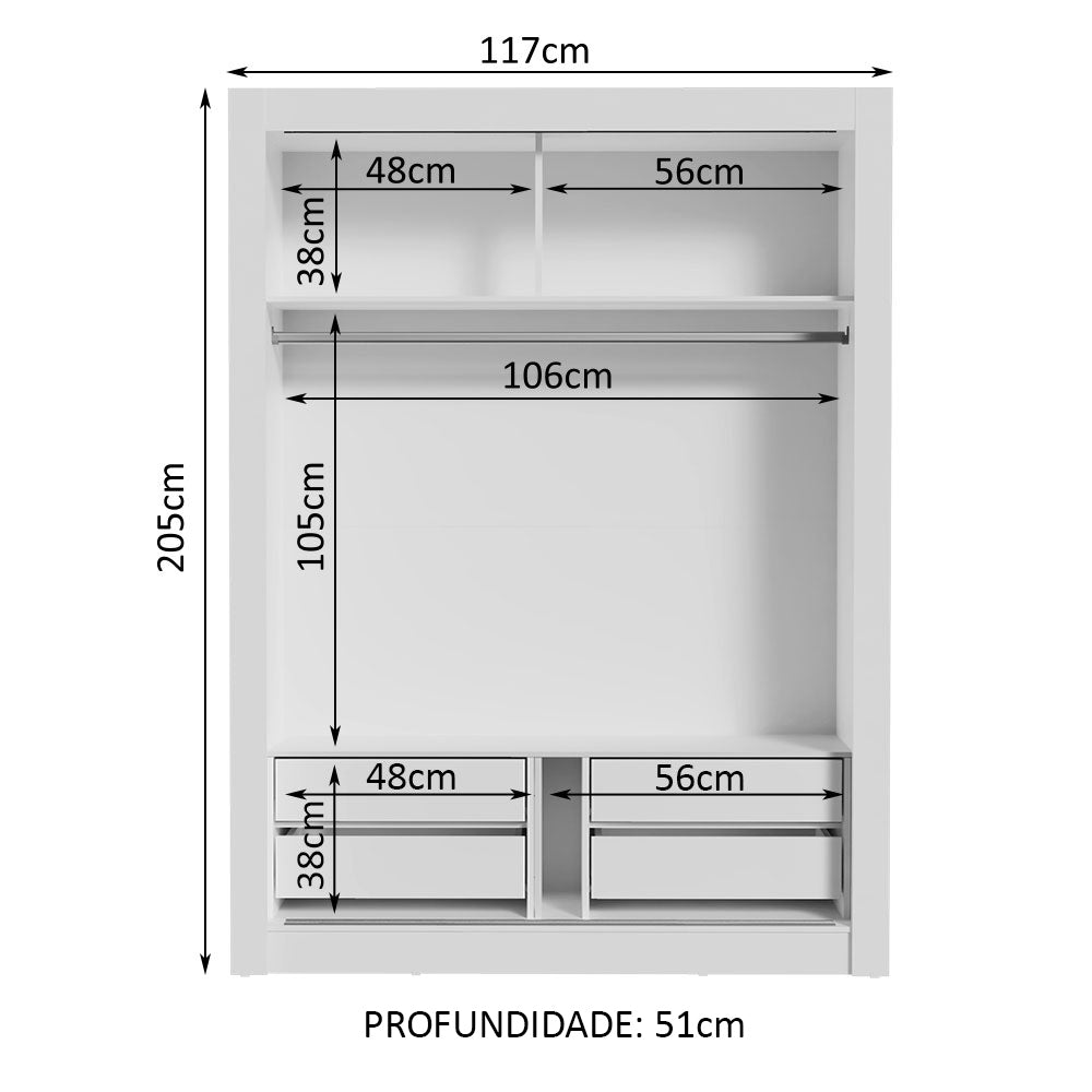 Guarda-Roupa Solteiro Madesa Dallas Plus 2 Portas de Correr com Espelho 4 Gavetas Branco/Rustic
