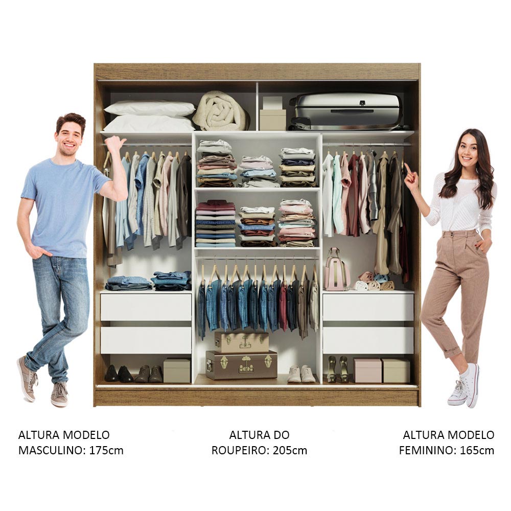 Guarda-Roupa Casal Madesa Reno 3 Portas de Correr com Espelhos Rustic/Branco