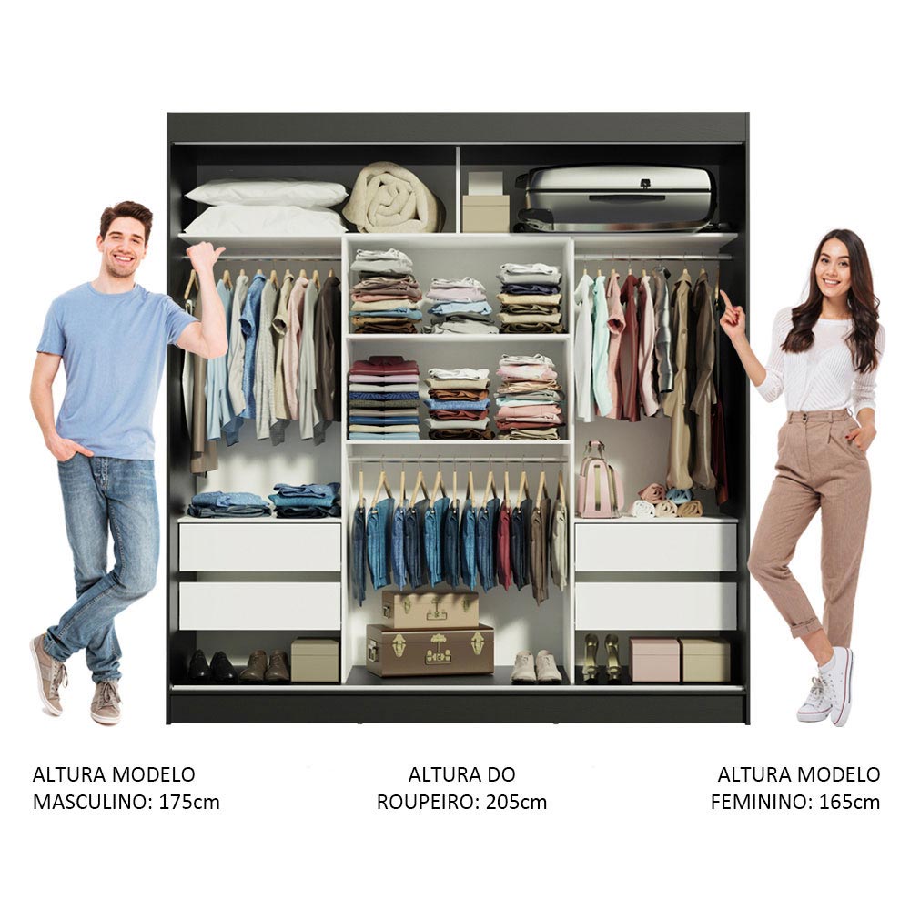 Guarda-Roupa Casal Madesa Reno 3 Portas de Correr com Espelho Preto/Branco