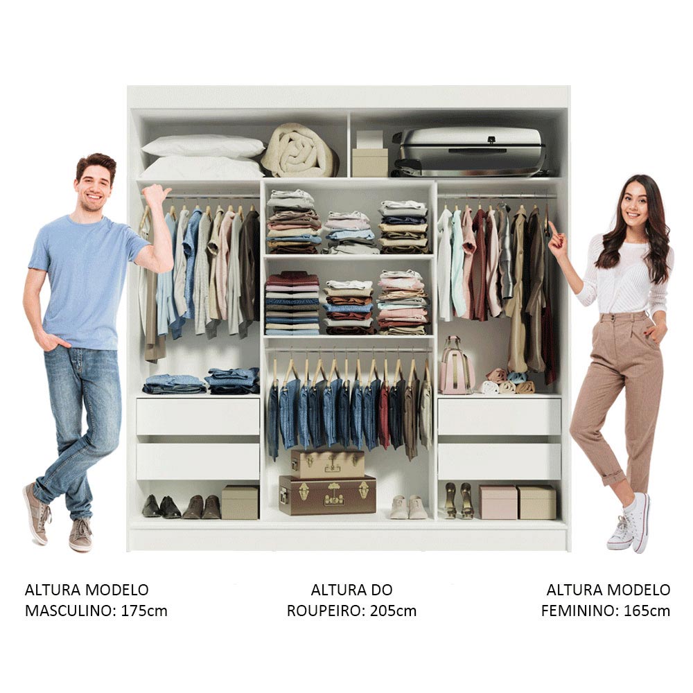 Guarda-Roupa Casal Madesa Reno 3 Portas de Correr Branco/Rustic