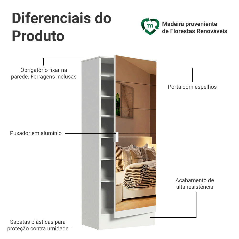 Sapateira Madesa Isis 1 Porta com Espelho Branco