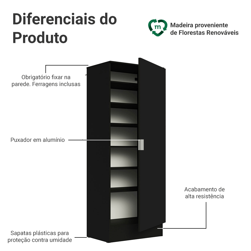 Sapateira Armário Multiuso Madesa Isis 1 Porta Preto
