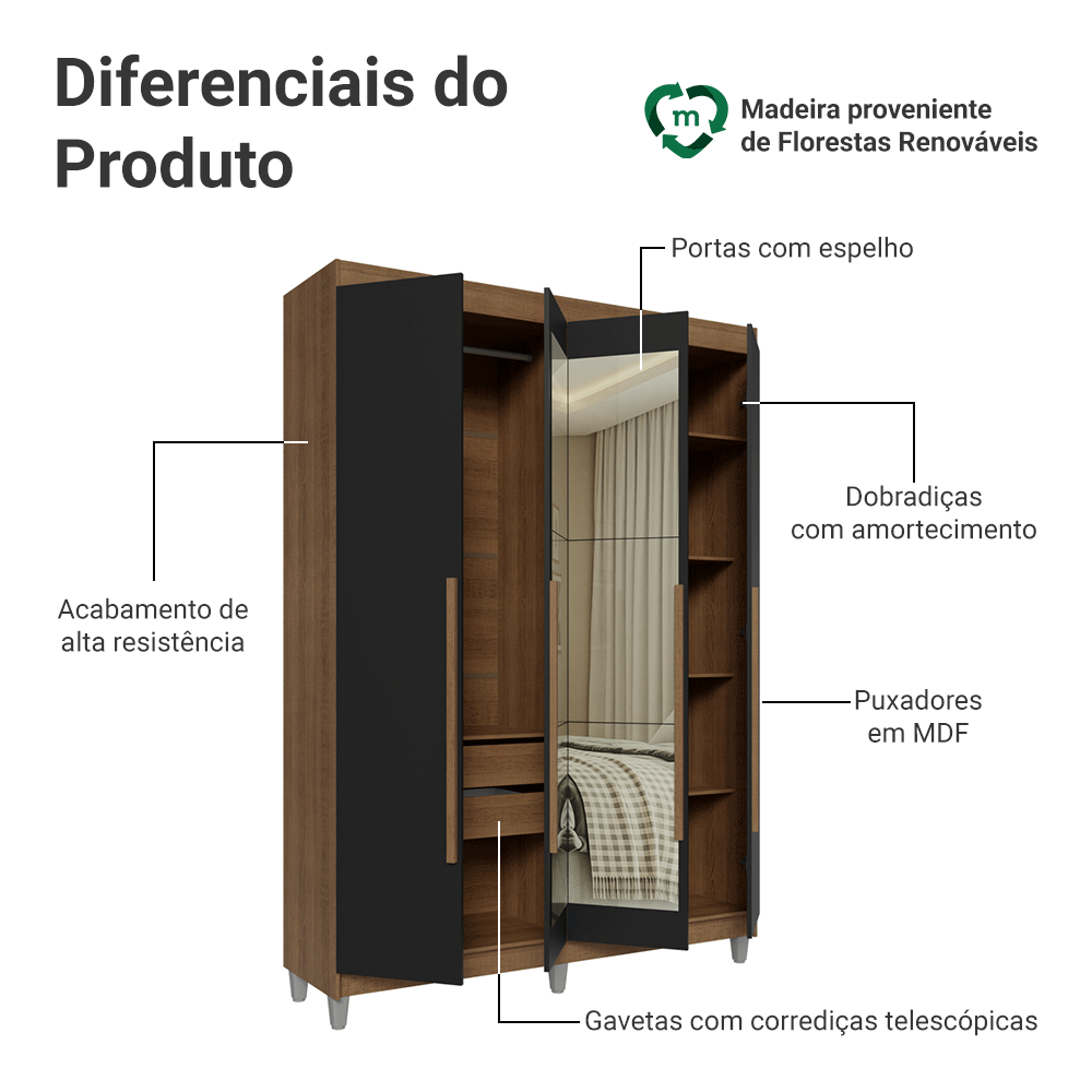 Guarda-Roupa Solteiro com Pés 4 Portas Batentes com Espelho Rustic/Preto/Rustic Venus Madesa