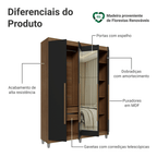 Guarda-Roupa Solteiro com Pés 4 Portas Batentes com Espelho Rustic/Preto/Rustic Venus Madesa