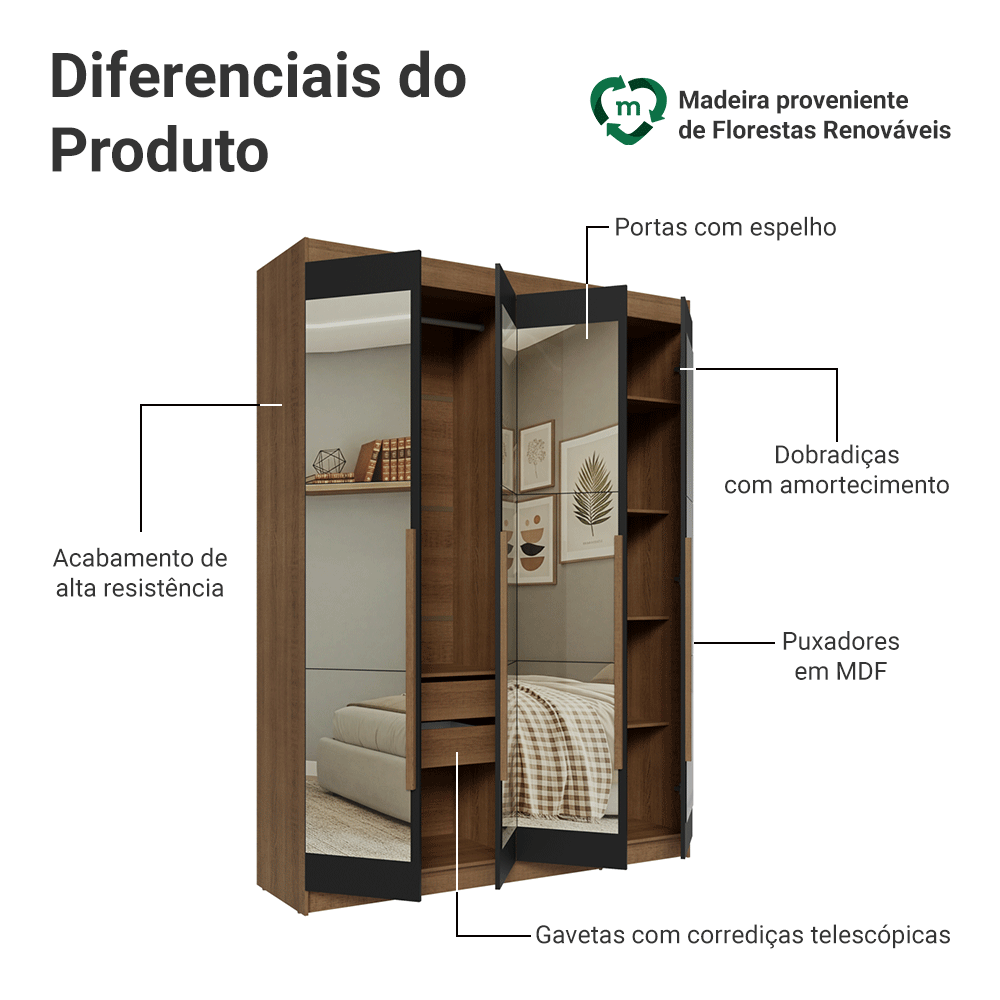 Guarda-Roupa Solteiro 4 Portas Batentes com Espelhos Rustic/Preto/Rustic Venus Madesa