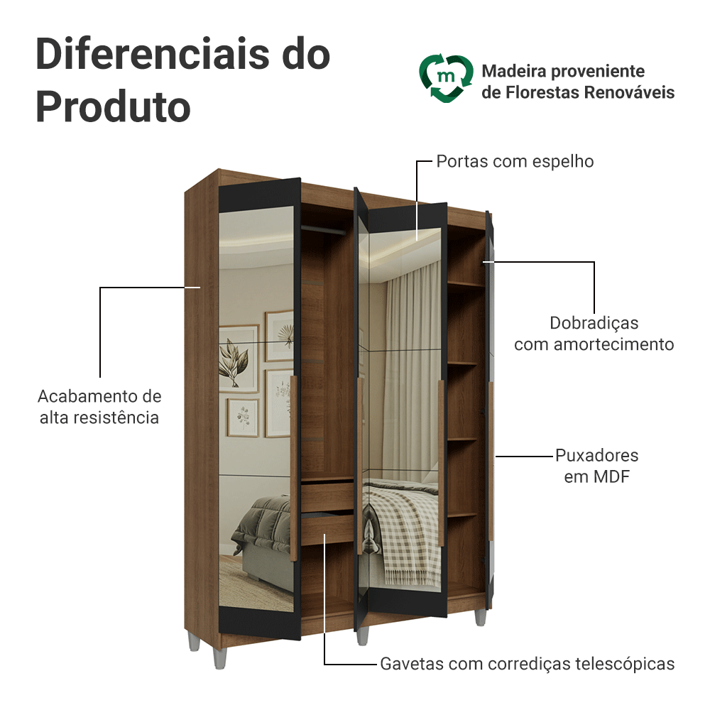 Guarda-Roupa Solteiro com Pés 4 Portas Batentes com Espelhos Rustic/Preto/Rustic Venus Madesa
