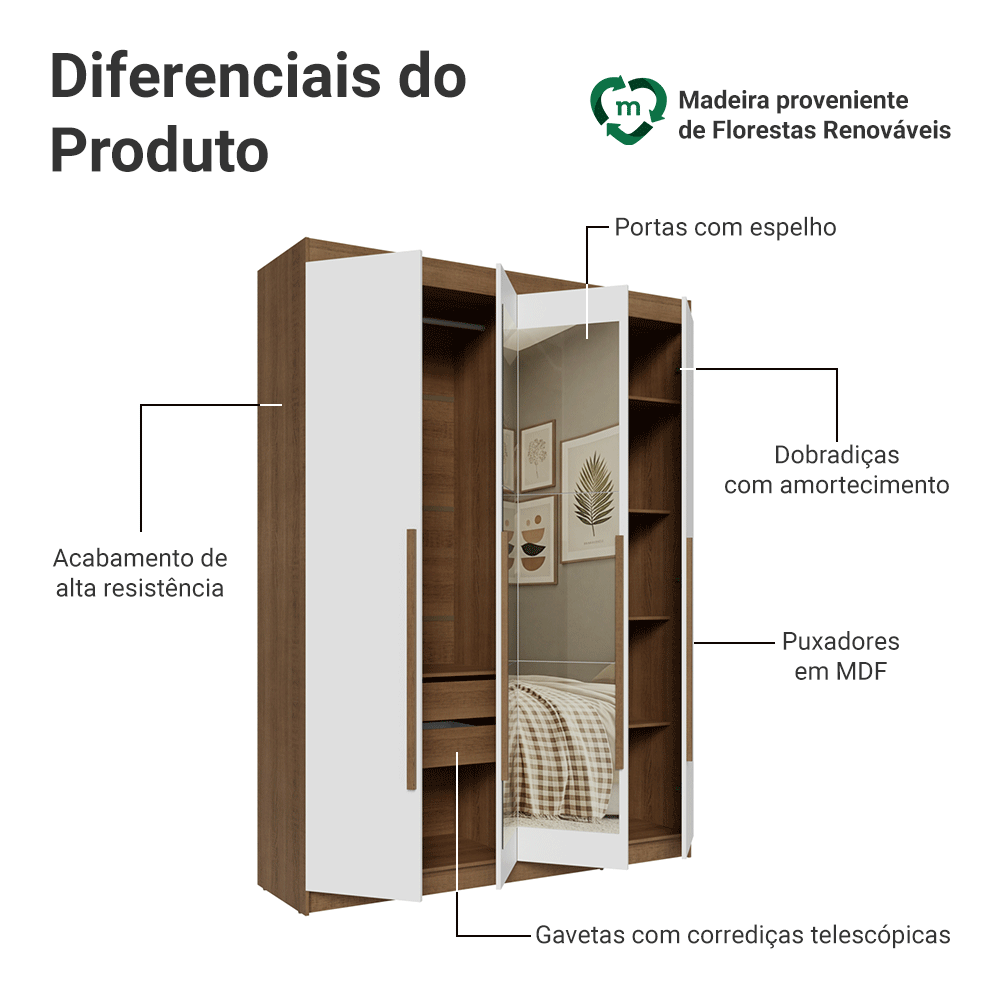 Guarda-Roupa Solteiro 4 Portas Batentes com Espelho Rustic/Branco/Rustic Venus Madesa