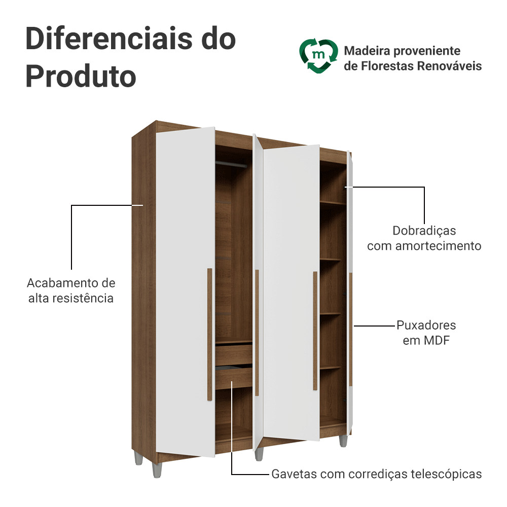 Guarda-Roupa Solteiro com Pés 4 Portas Batentes Rustic/Branco/Rustic Venus Madesa