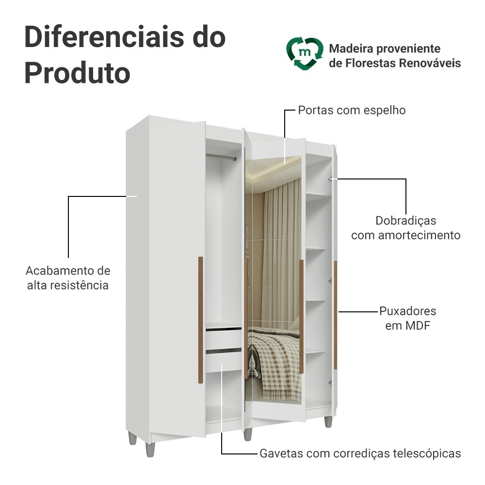 Guarda-Roupa Solteiro com Pés 4 Portas Batentes com Espelho Branco/Branco/Rustic Venus Madesa