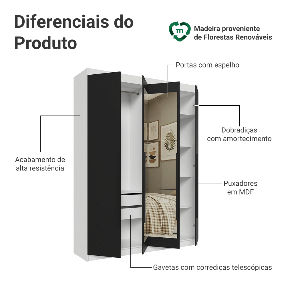 Guarda-Roupa Solteiro 4 Portas Batentes com Espelho Branco/Preto/Preto Venus Madesa