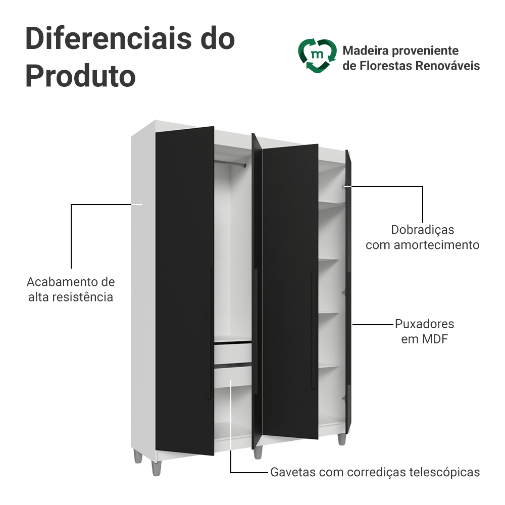 Guarda-Roupa Solteiro com Pés 4 Portas Batentes Branco/Preto/Preto Venus Madesa