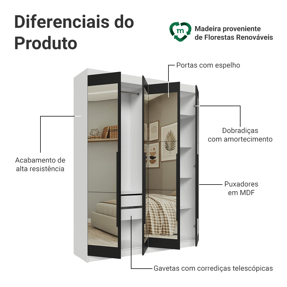 Guarda-Roupa Solteiro 4 Portas Batentes com Espelhos Branco/Preto/Preto Venus Madesa