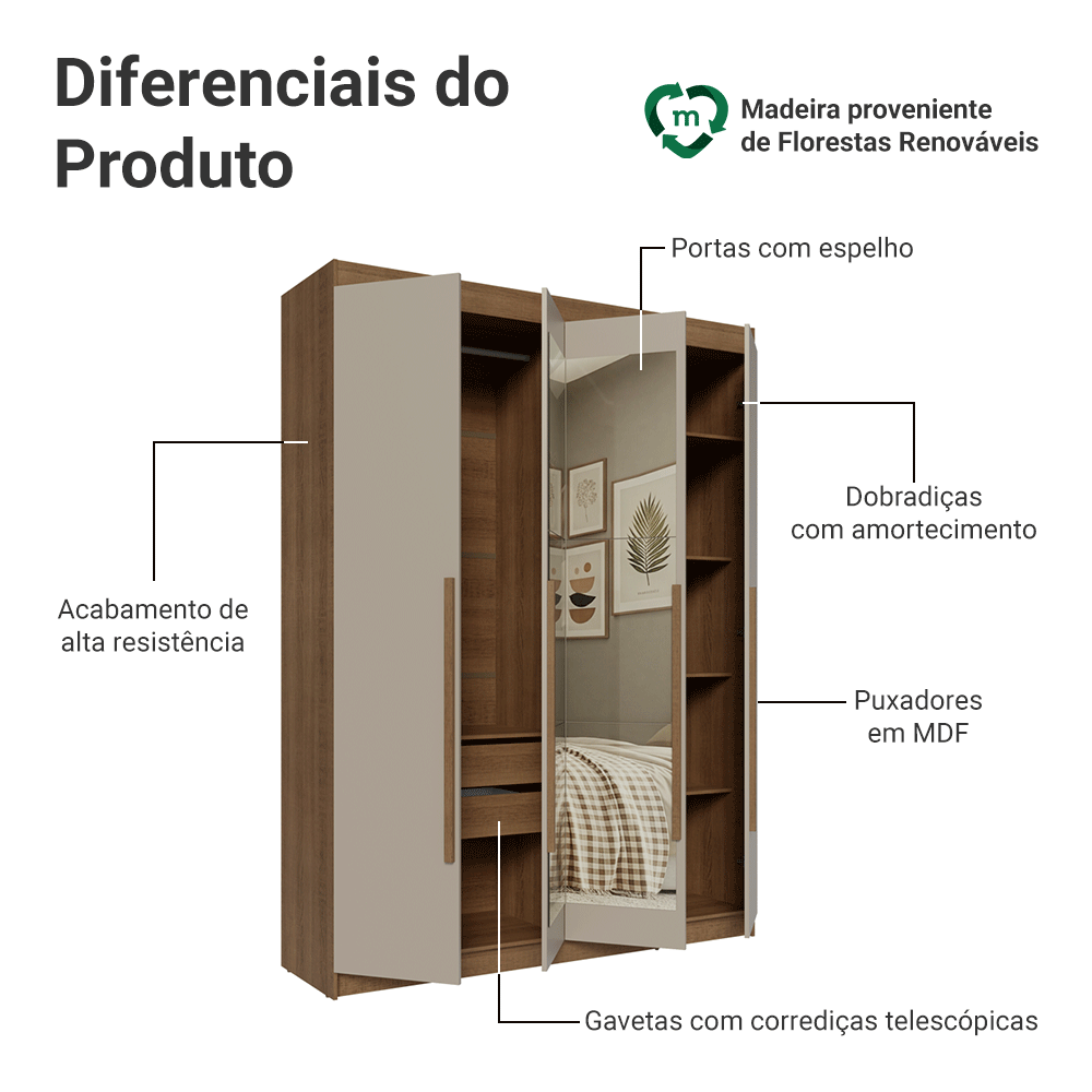 Guarda-Roupa Solteiro 4 Portas Batentes com Espelho Rustic/Crema/Rustic Venus Madesa