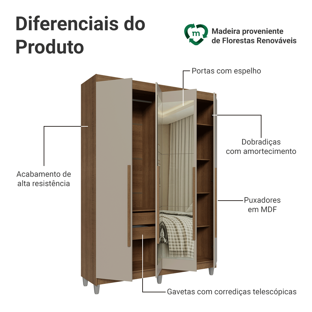 Guarda-Roupa Solteiro com Pés 4 Portas Batentes com Espelho Rustic/Crema/Rustic Venus Madesa