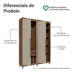 Guarda-Roupa Solteiro com Pés 4 Portas Batentes Rustic/Crema/Rustic Venus Madesa