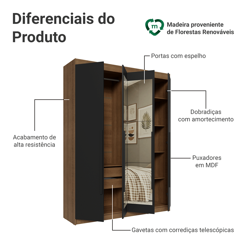 Guarda-Roupa Solteiro 4 Portas Batentes com Espelho Rustic/Preto/Preto Venus Madesa