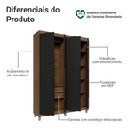 Guarda-Roupa Solteiro com Pés 4 Portas Batentes Rustic/Preto/Preto Venus Madesa