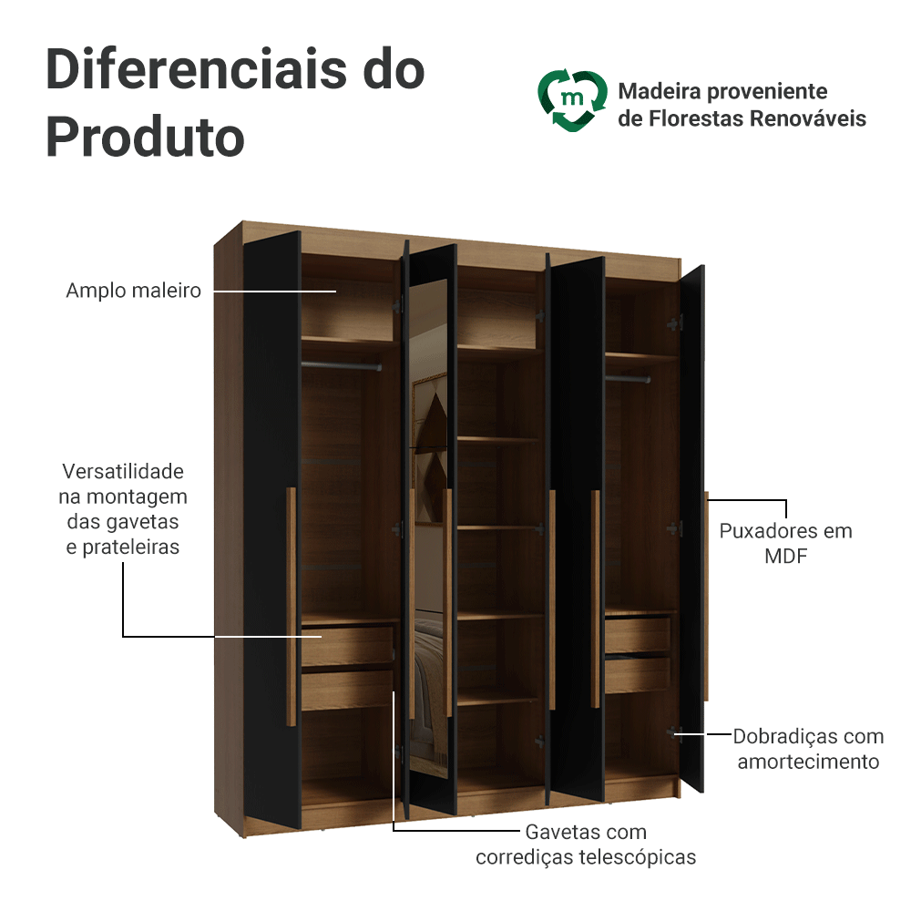 Guarda-Roupa Casal 6 Portas Batentes com Espelho Rustic/Preto/Rustic Venus Madesa