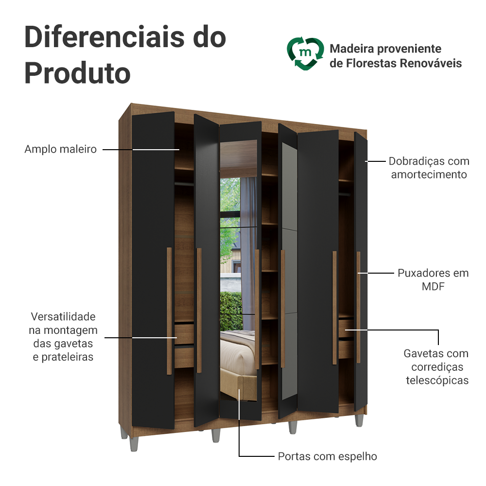 Guarda-Roupa Casal com Pés 6 Portas Batentes com Espelho Rustic/Preto/Rustic Venus Madesa