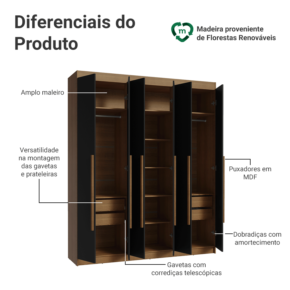Guarda-Roupa Casal 6 Portas Batentes Rustic/Preto/Rustic Venus Madesa