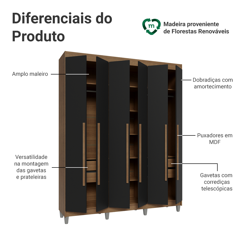 Guarda-Roupa Casal com Pés 6 Portas Batentes Rustic/Preto/Rustic Venus Madesa