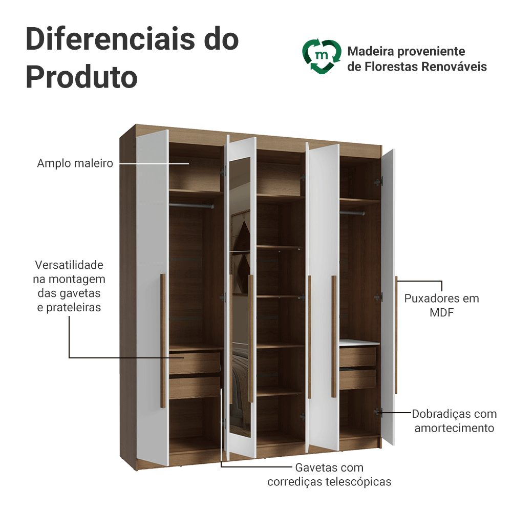Guarda-Roupa Casal 6 Portas Batentes com Espelho Rustic/Branco/Rustic Venus Madesa