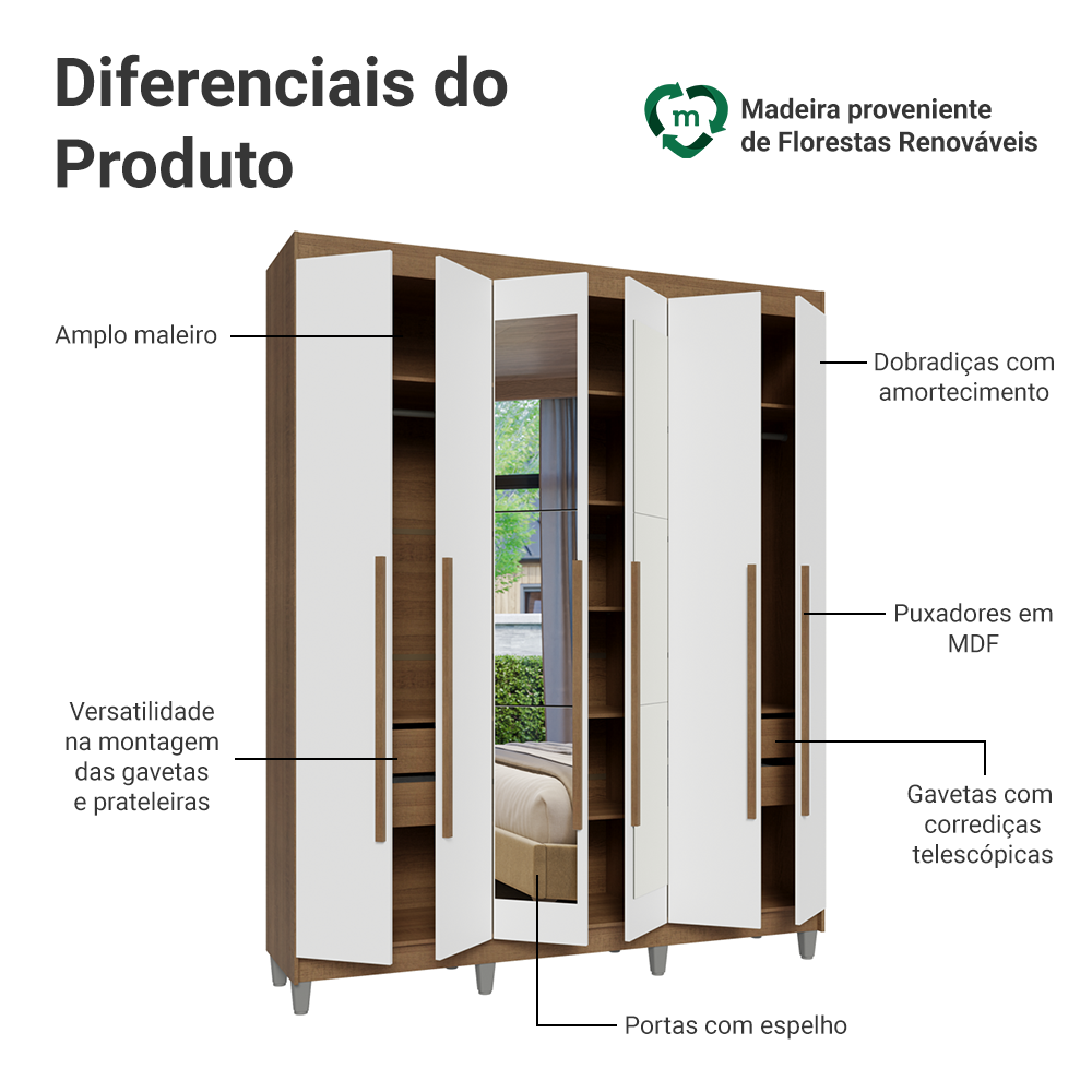 Guarda-Roupa Casal com Pés 6 Portas Batentes com Espelho Rustic/Branco/Rustic Venus Madesa