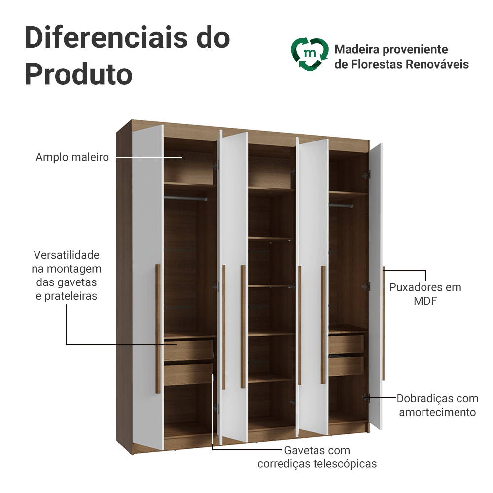 Guarda-Roupa Casal 6 Portas Batentes Rustic/Branco/Rustic Venus Madesa