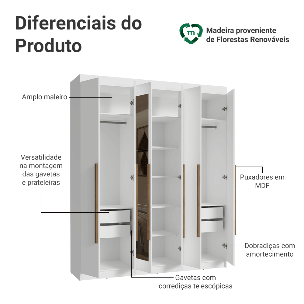 Guarda-Roupa Casal 6 Portas Batentes com Espelho Branco/Branco/Rustic Venus Madesa
