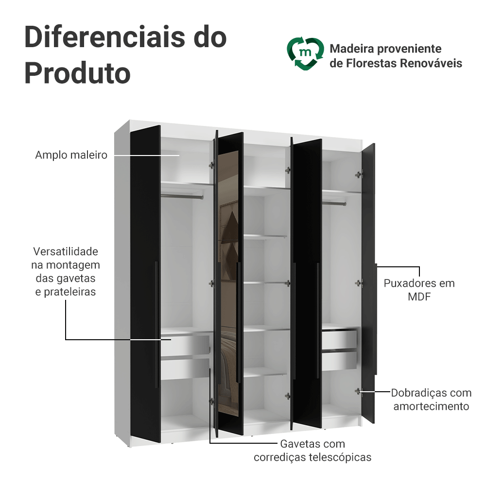 Guarda-Roupa Casal 6 Portas Batentes com Espelho Branco/Preto/Preto Venus Madesa