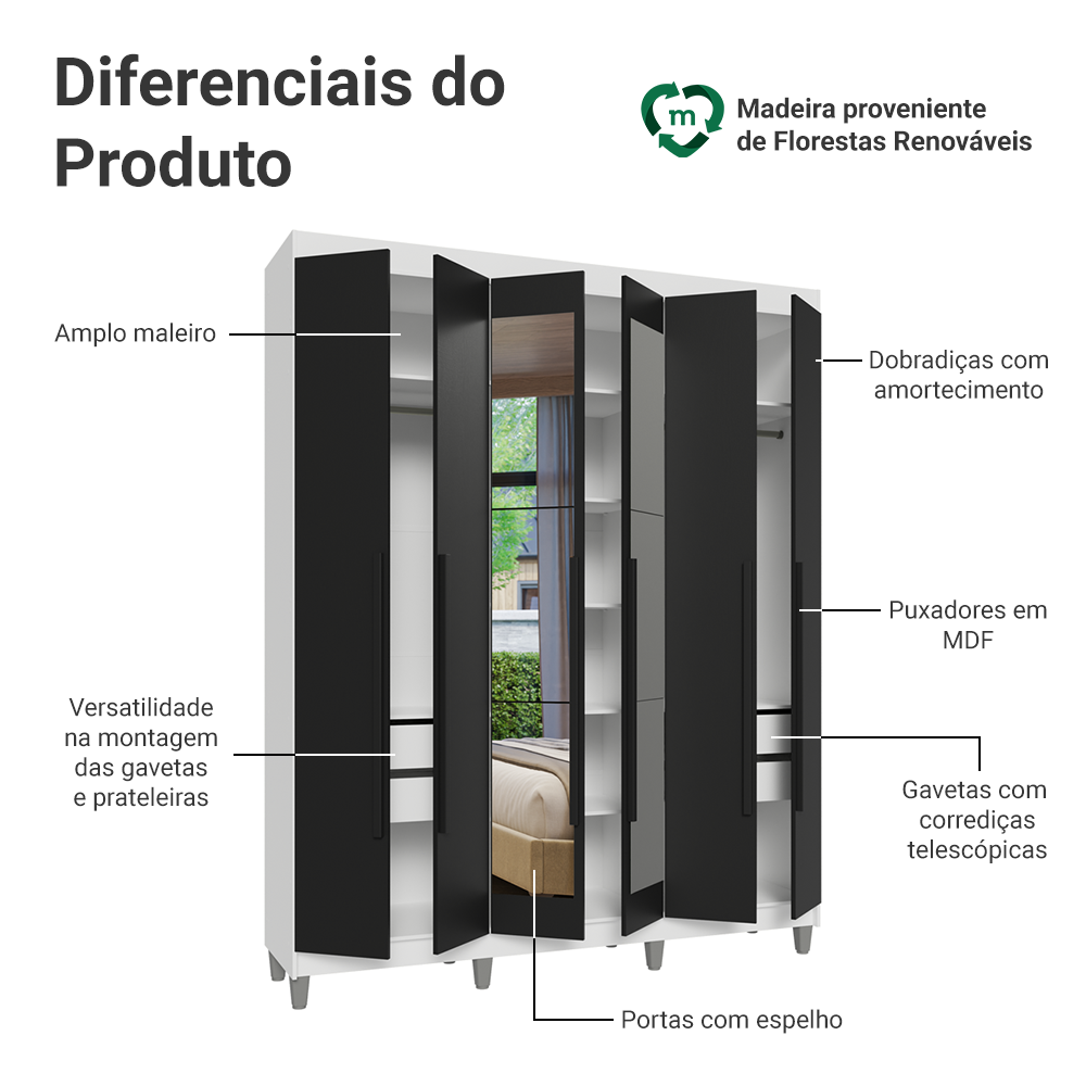 Guarda-Roupa Casal com Pés 6 Portas Batentes com Espelho Branco/Preto/Preto Venus Madesa