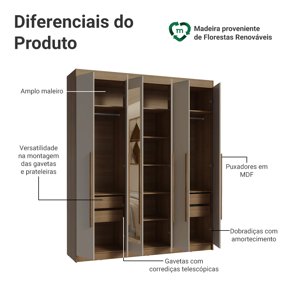 Guarda-Roupa Casal 6 Portas Batentes com Espelho Rustic/Crema/Rustic Venus Madesa