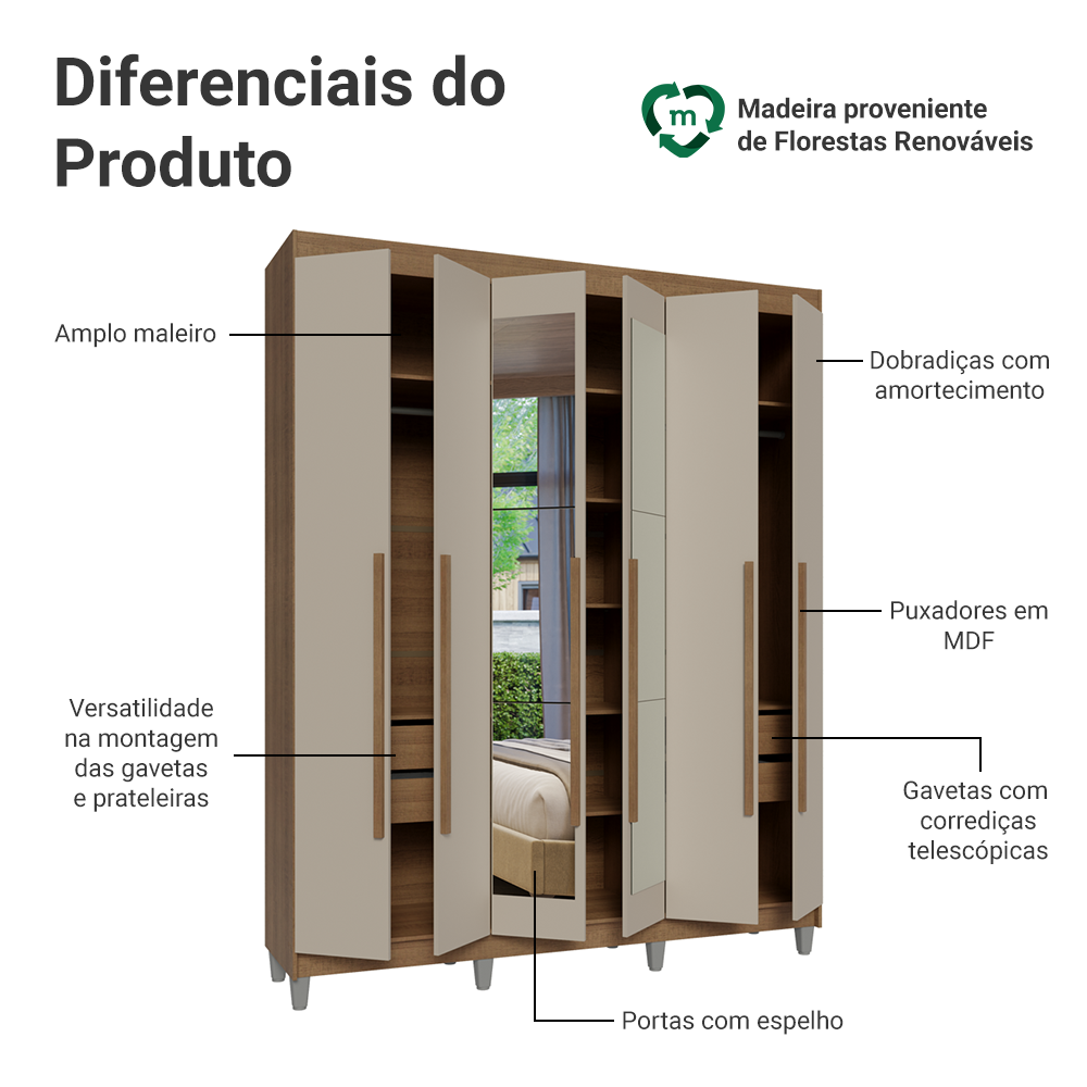 Guarda-Roupa Casal com Pés 6 Portas Batentes com Espelho Rustic/Crema/Rustic Venus Madesa