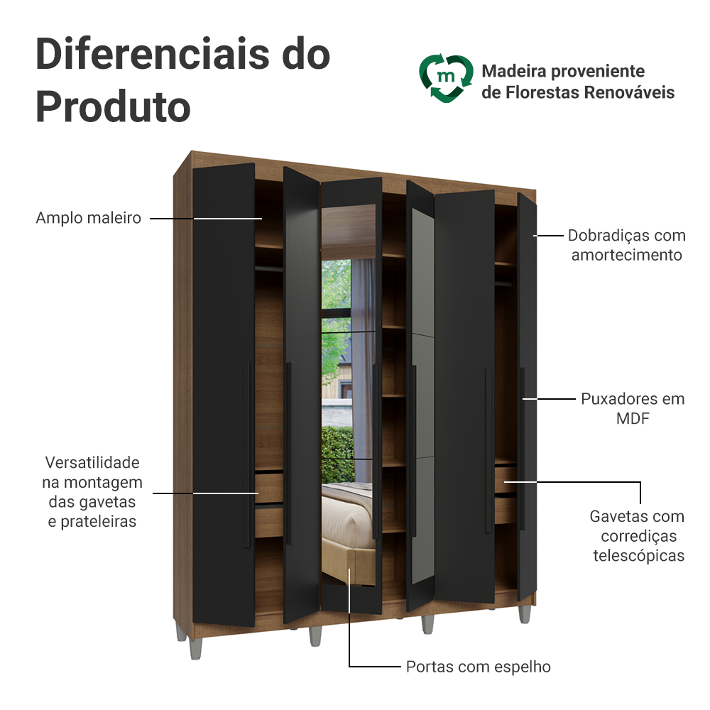 Guarda-Roupa Casal com Pés 6 Portas Batentes com Espelho Rustic/Preto/Preto Venus Madesa