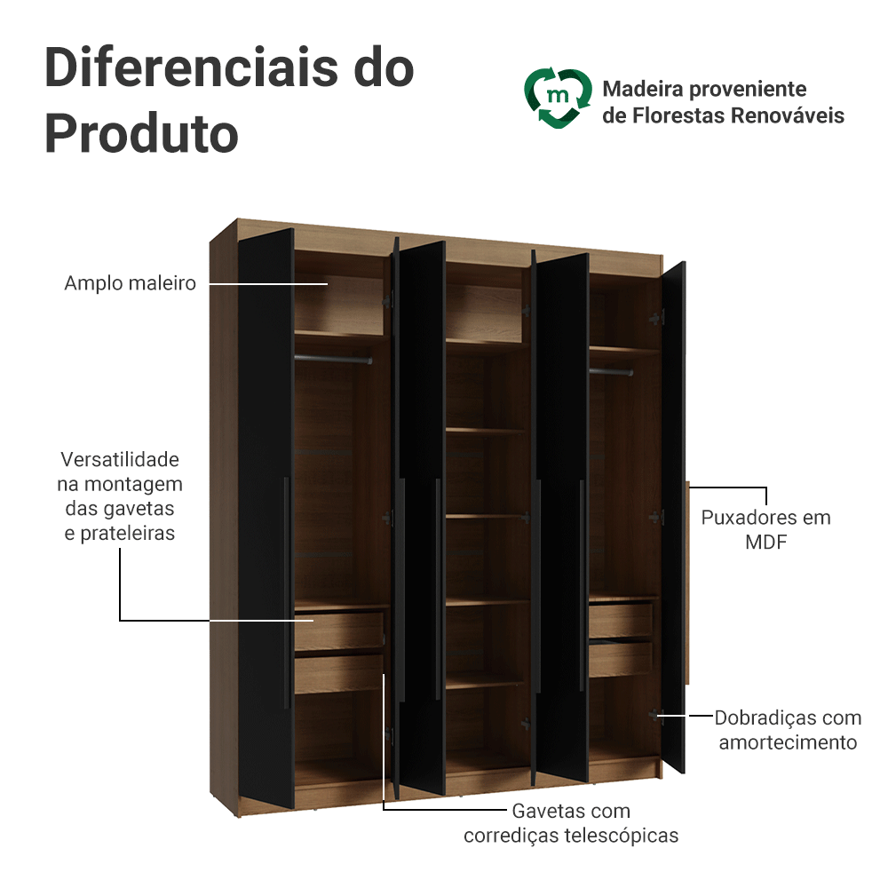 Guarda-Roupa Casal 6 Portas Batentes Rustic/Preto/Preto Venus Madesa