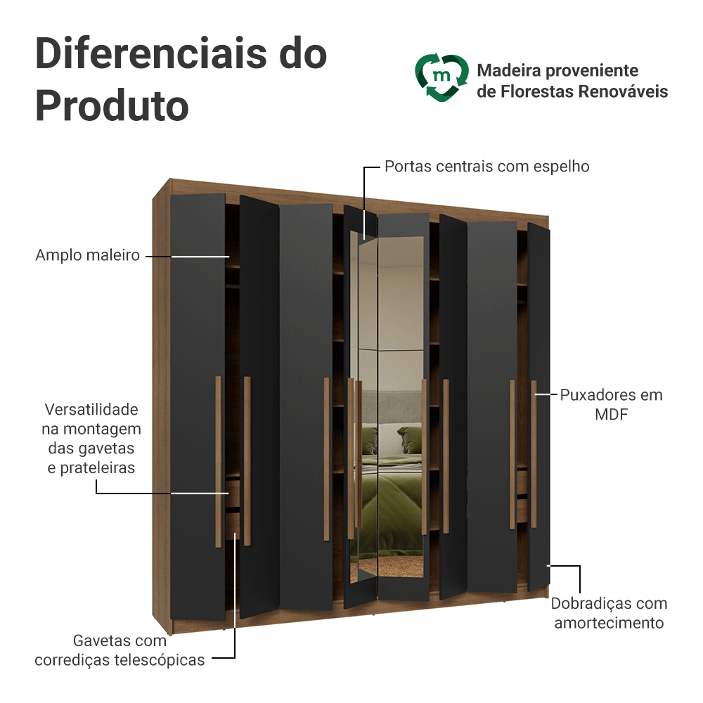Guarda-Roupa Casal 8 Portas Batentes com Espelho Rustic/Preto/Rustic Venus Madesa