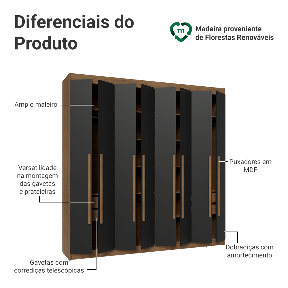 Guarda-Roupa Casal 8 Portas Batentes Rustic/Preto/Rustic Venus Madesa