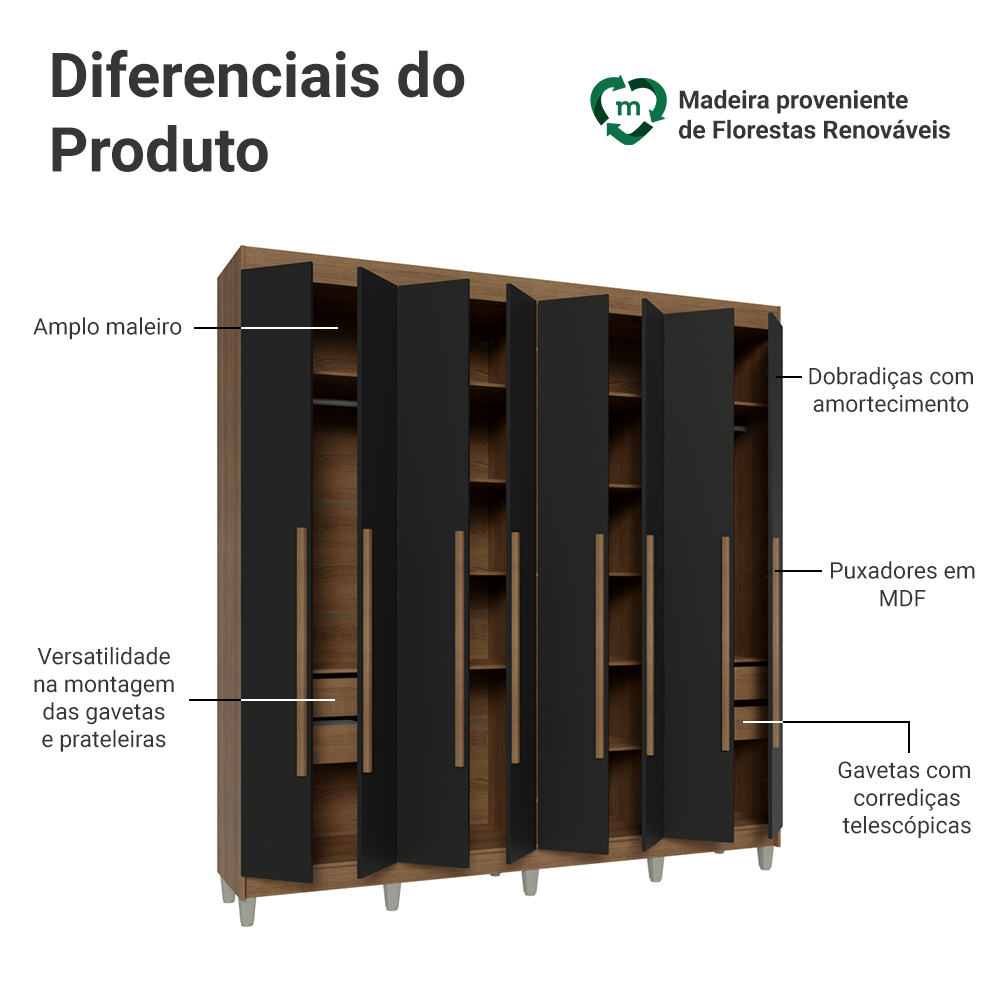 Guarda-Roupa Casal com Pés 8 Portas Batentes Rustic/Preto/Rustic Venus Madesa