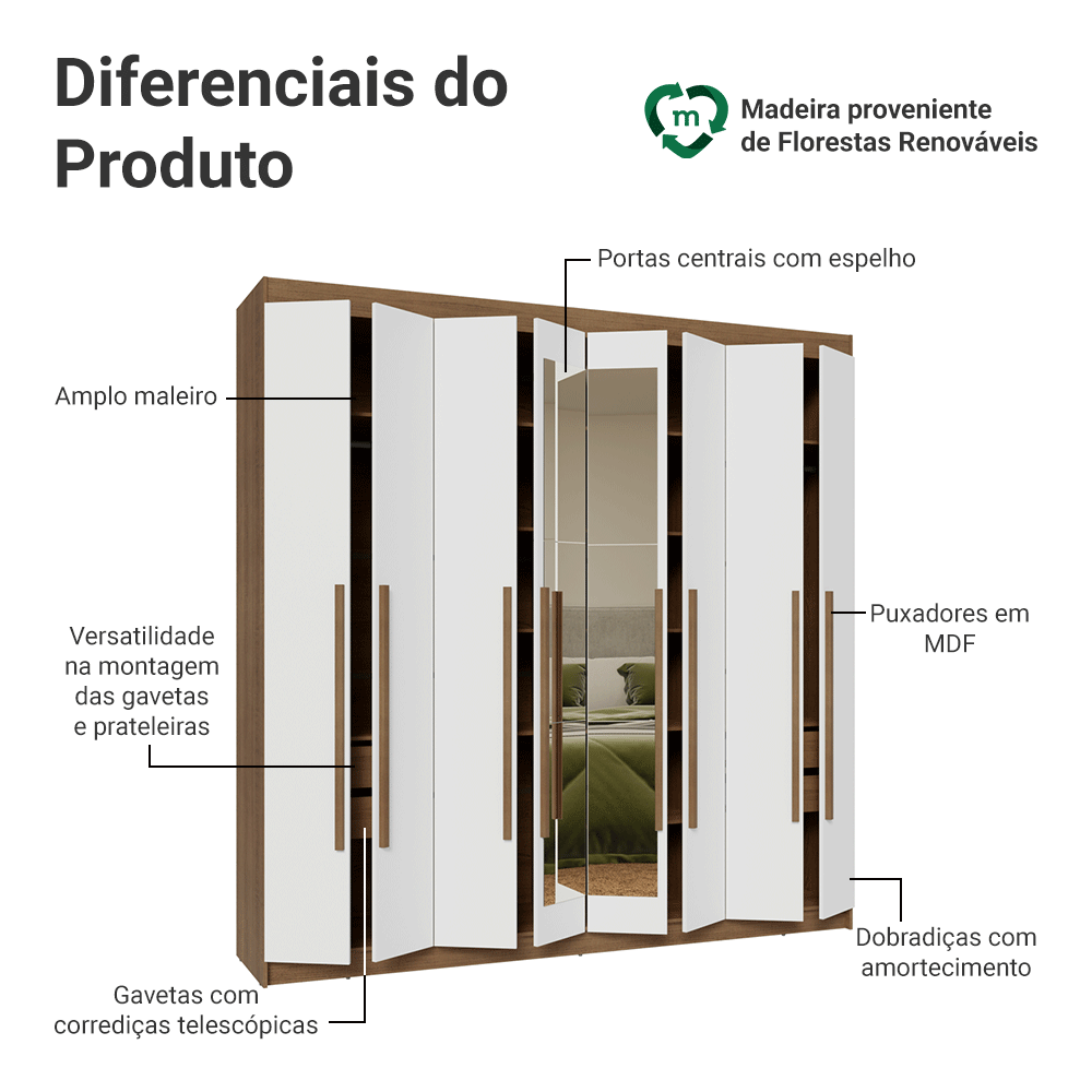 Guarda-Roupa Casal 8 Portas Batentes com Espelho Rustic/Branco/Rustic Venus Madesa
