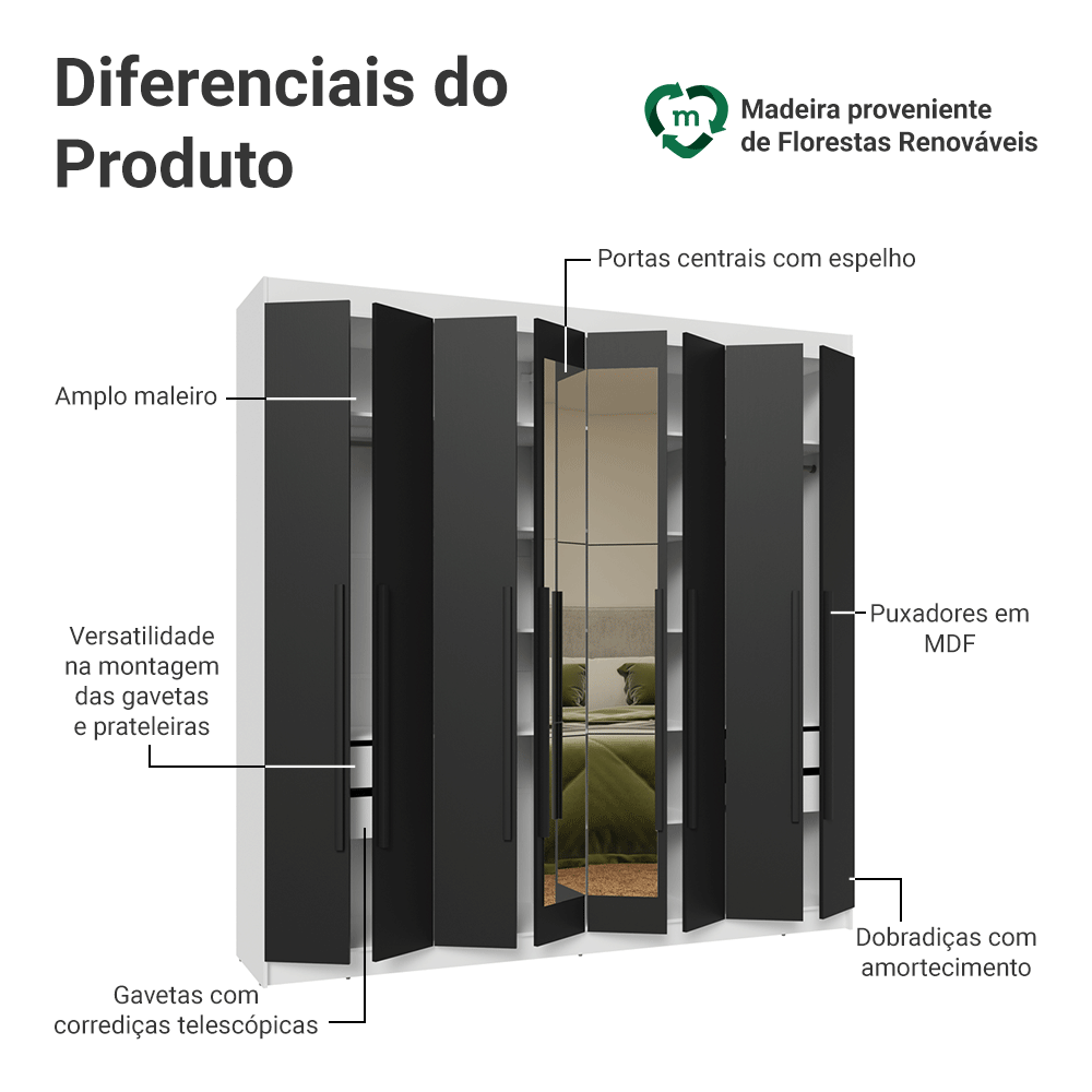 Guarda-Roupa Casal 8 Portas Batentes com Espelho Branco/Preto/Preto Venus Madesa