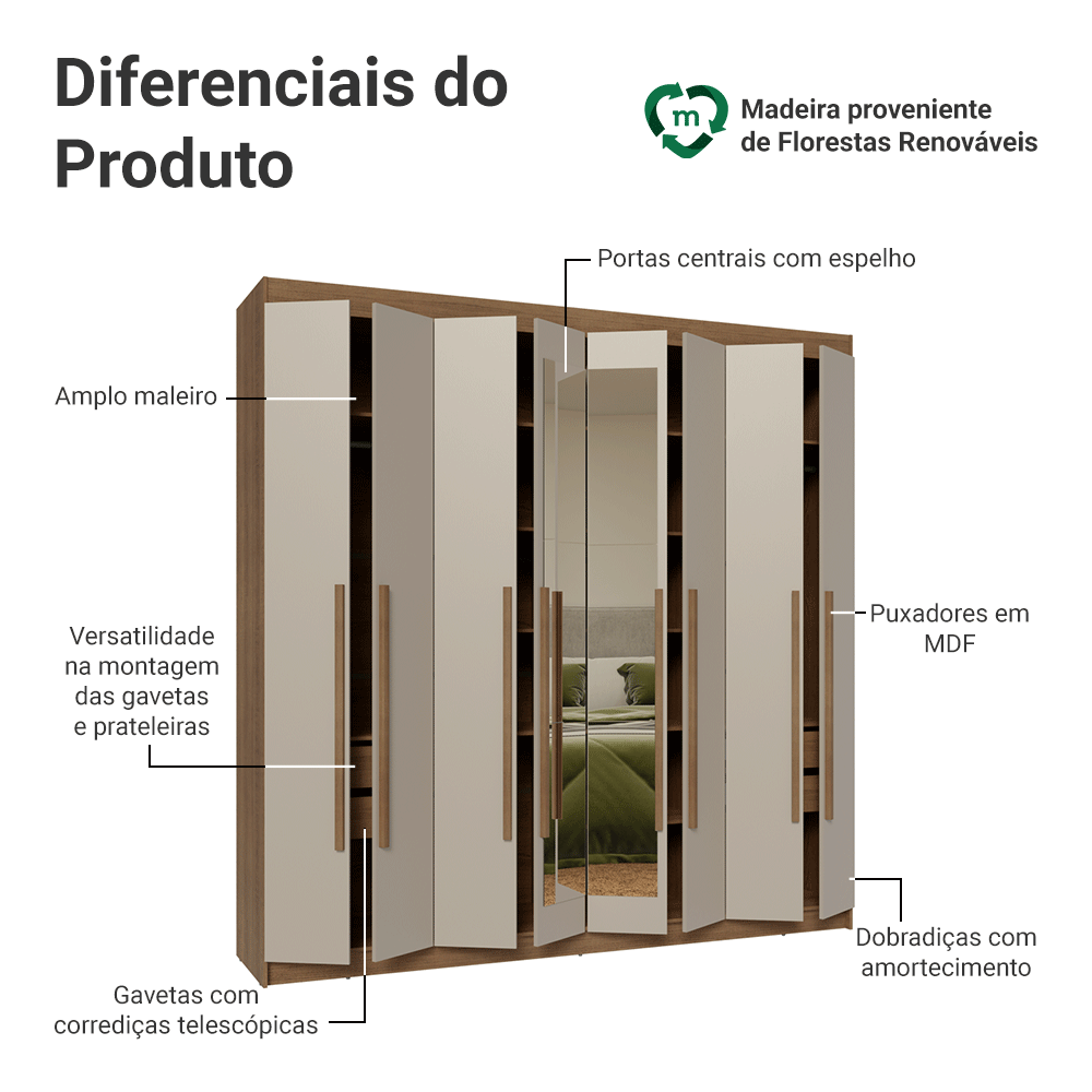 Guarda-Roupa Casal 8 Portas Batentes com Espelho Rustic/Crema/Rustic Venus Madesa