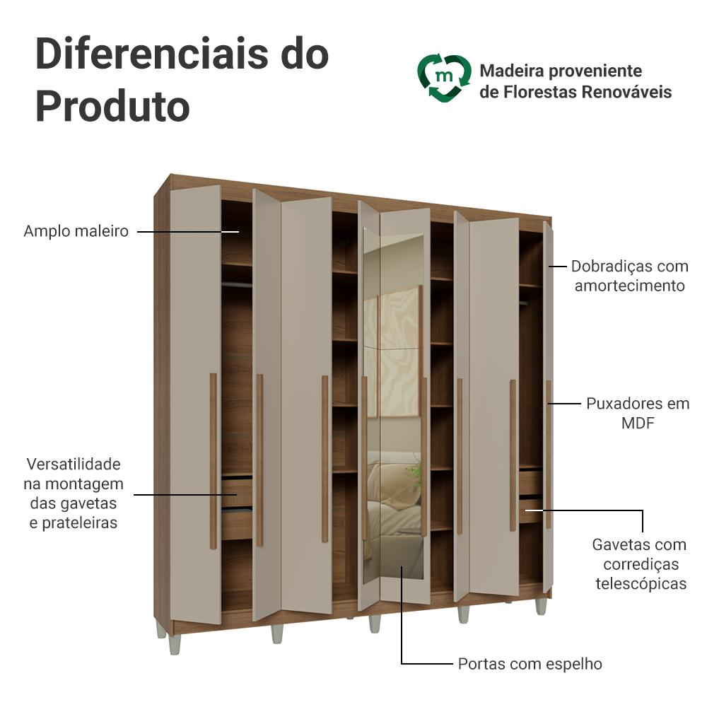 Guarda-Roupa Casal com Pés 8 Portas Batentes com Espelho Rustic/Crema/Rustic Venus Madesa